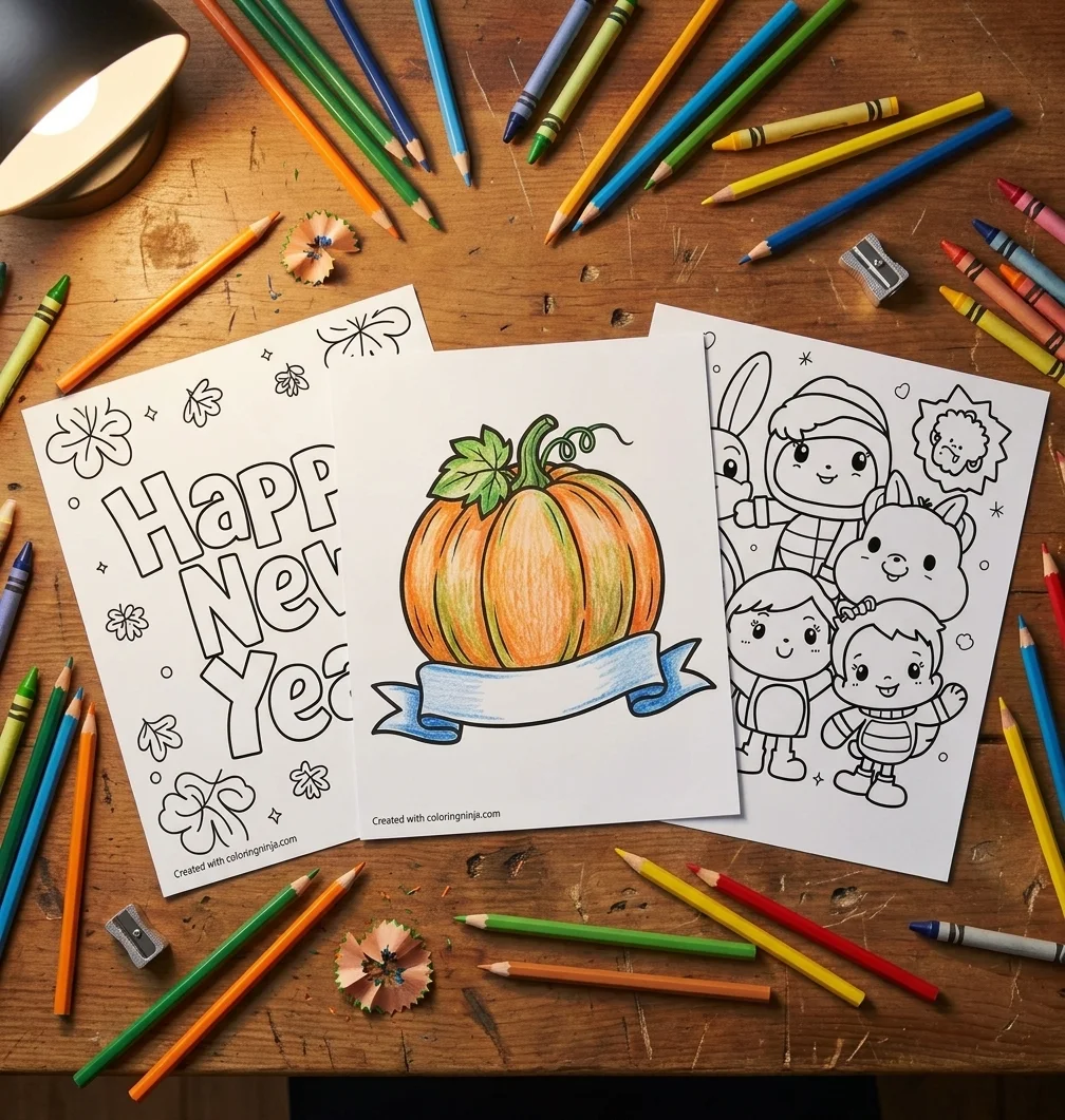Three printed coloring pages on a wooden desk with colored pencils and crayons, one of them partly colored in