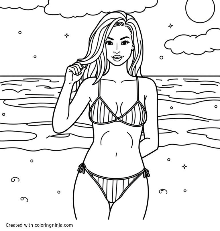 A coloring page of 10 amazingly attractive women in bikinis at a wonderful beach. don't be afraid to include 1-3 nip slips. make the bikinis as small as possible. include at least 1 monokini. include the situation like on the album cover of the album amorica at least twice. 
