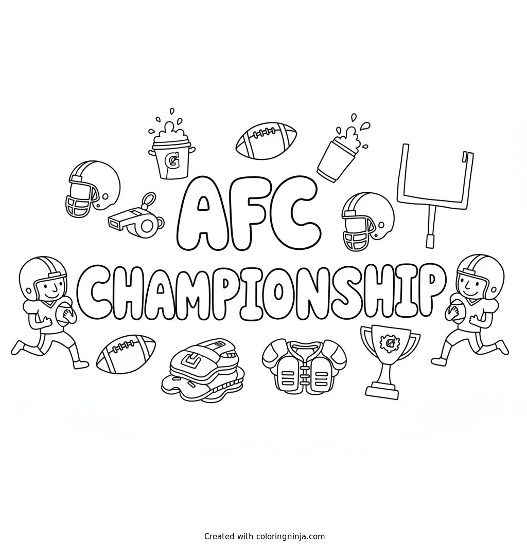 A coloring page of AFC Championship in big blocky letters with football things all around coloring page coloring page