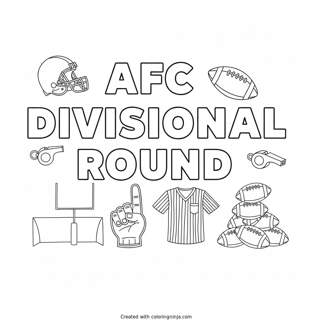 A coloring page of AFC Divisional Round in big blocky letters with football things all around coloring page