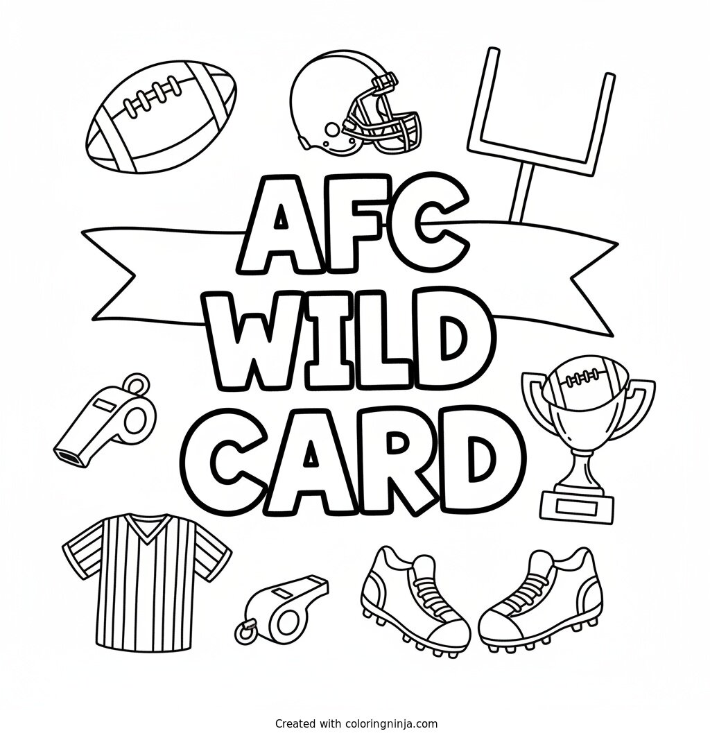 A coloring page of AFC Wild Card in big blocky letters with football things all around