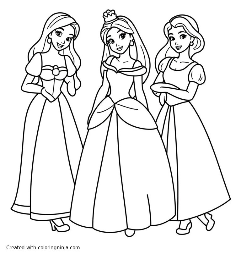 A coloring page of Ariel, Rapunzel, Belle on the right. Cinderella in the middle, and Mulan, Jasmine, and Snow White on the left. Have it so we can see their original character cartoon and their full dresses and features