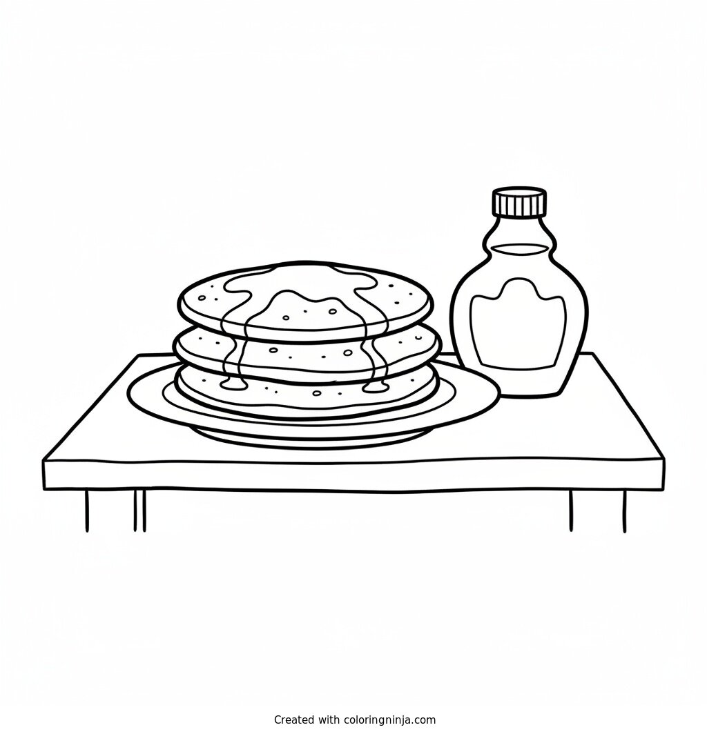 A coloring page of as plate of pancakes on a table with a bottle of maple syrup