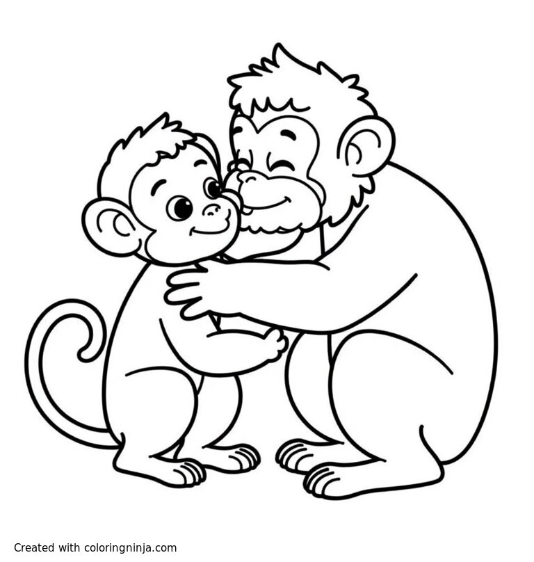 A coloring page of Asian monkey with black hair kissing her husband monkey with a beard