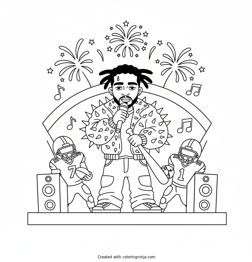 Coloring page of Bad bunny the latin signing artist at the Superbowl half time show