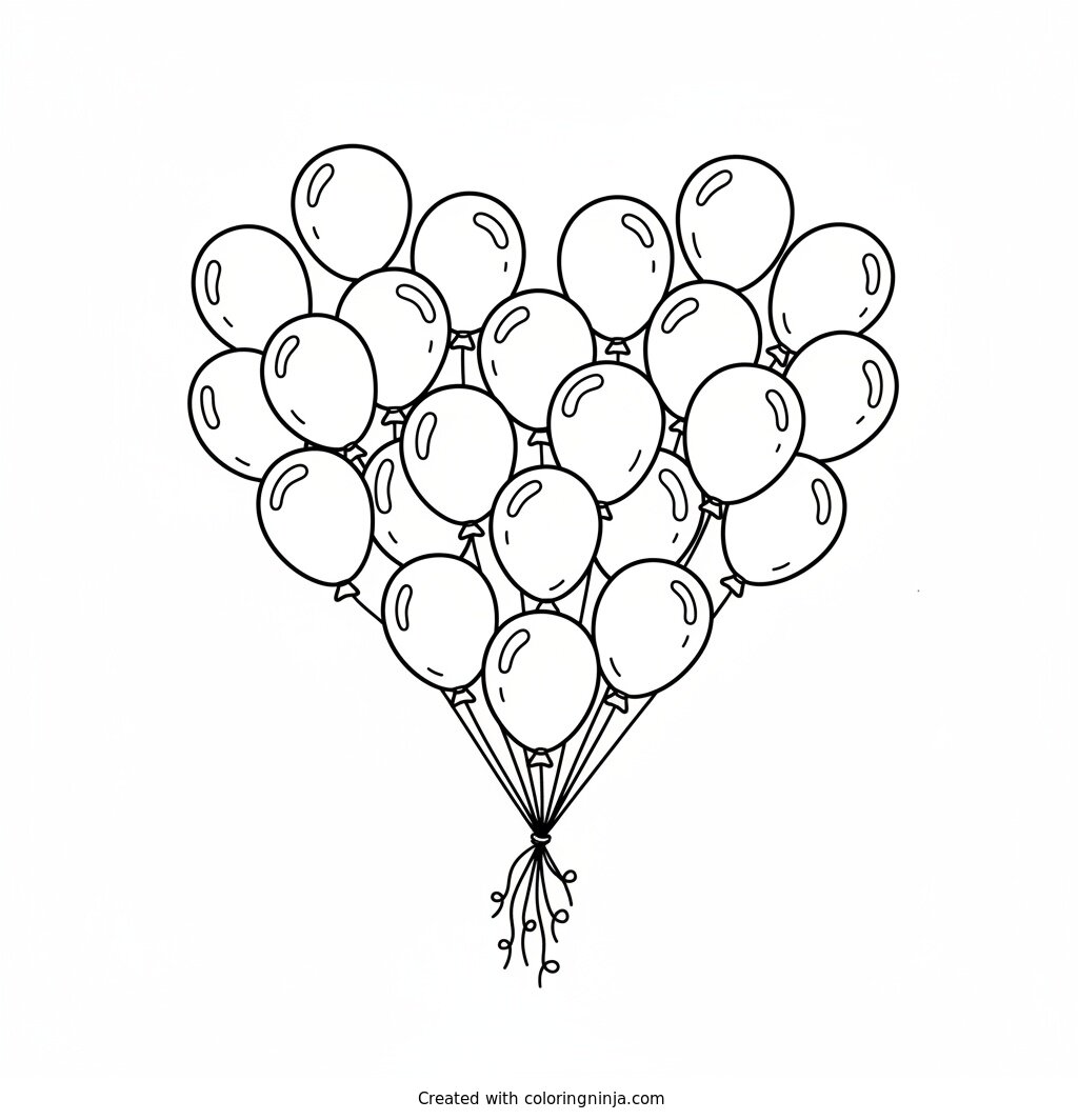 A coloring page of balloons in heart shape