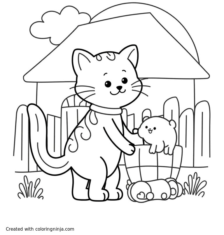 A coloring page of A barn cat coming home after a long day of work