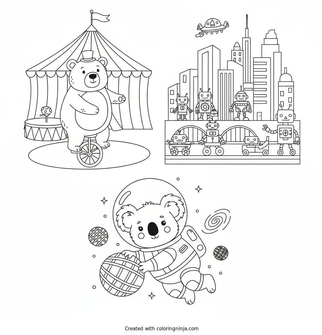 A coloring page of A bear riding a unicycle in a circus tent.A bustling city of robots going about their day. A koala astronaut floating in space with planets made of yarn.