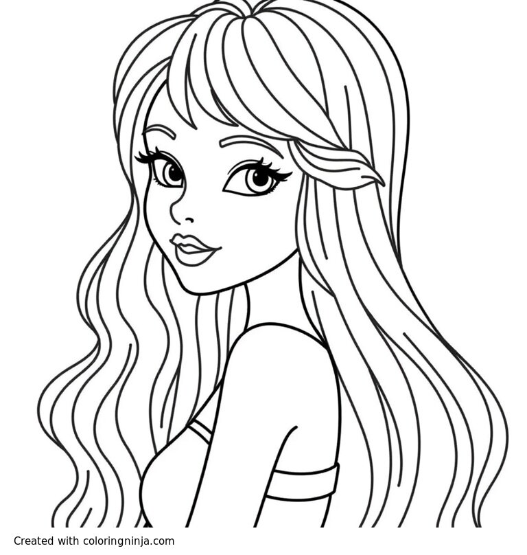 A coloring page of a beautiful fairy with perfect fair skin, expressive eyes and she is 5' 1" tall. Her mouth is perfectly shaped with plump lips. Her hair is long, almost to her waist and she has bangs in the front. She's very girly. 