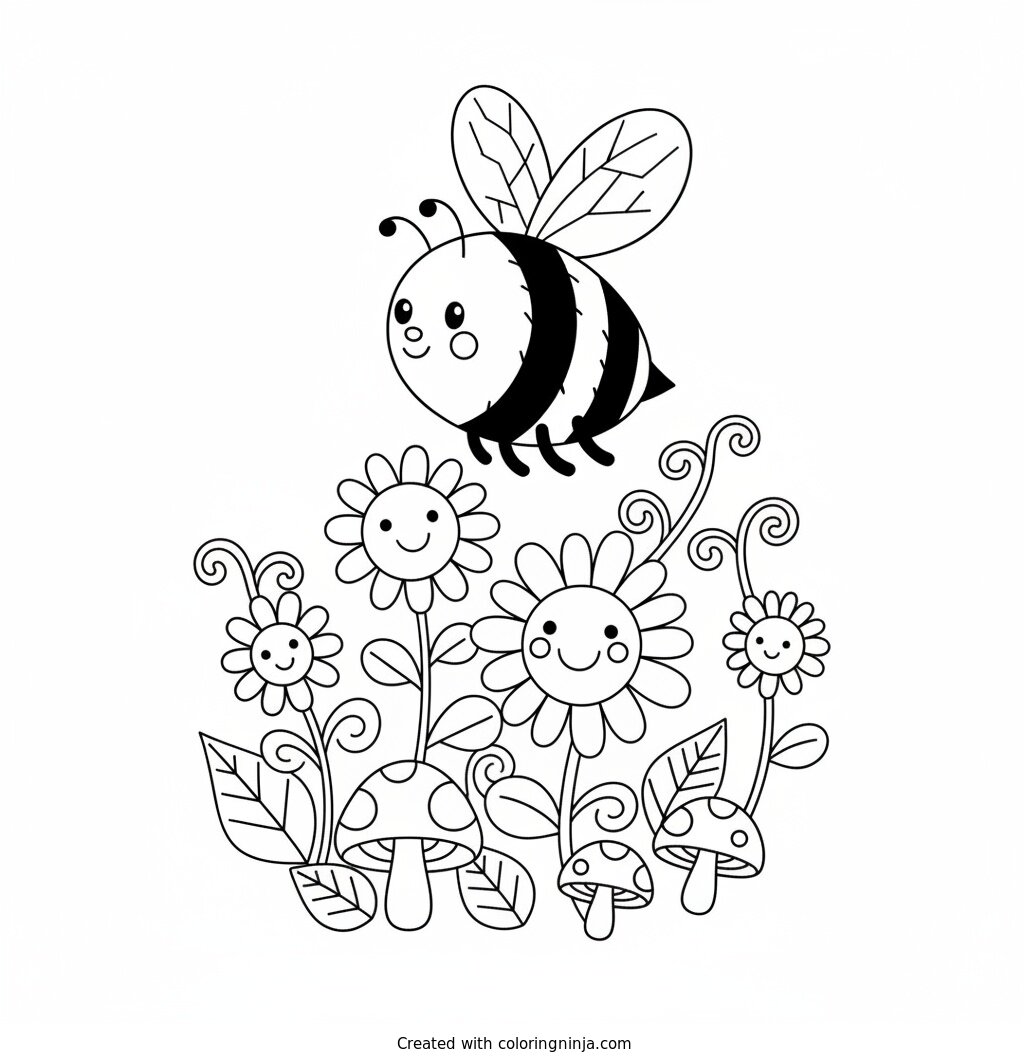 A coloring page of a bee playing in a beautiful garden