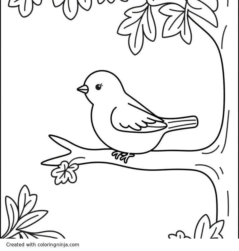 A coloring page of A bird resting on a tree. (Difficult)