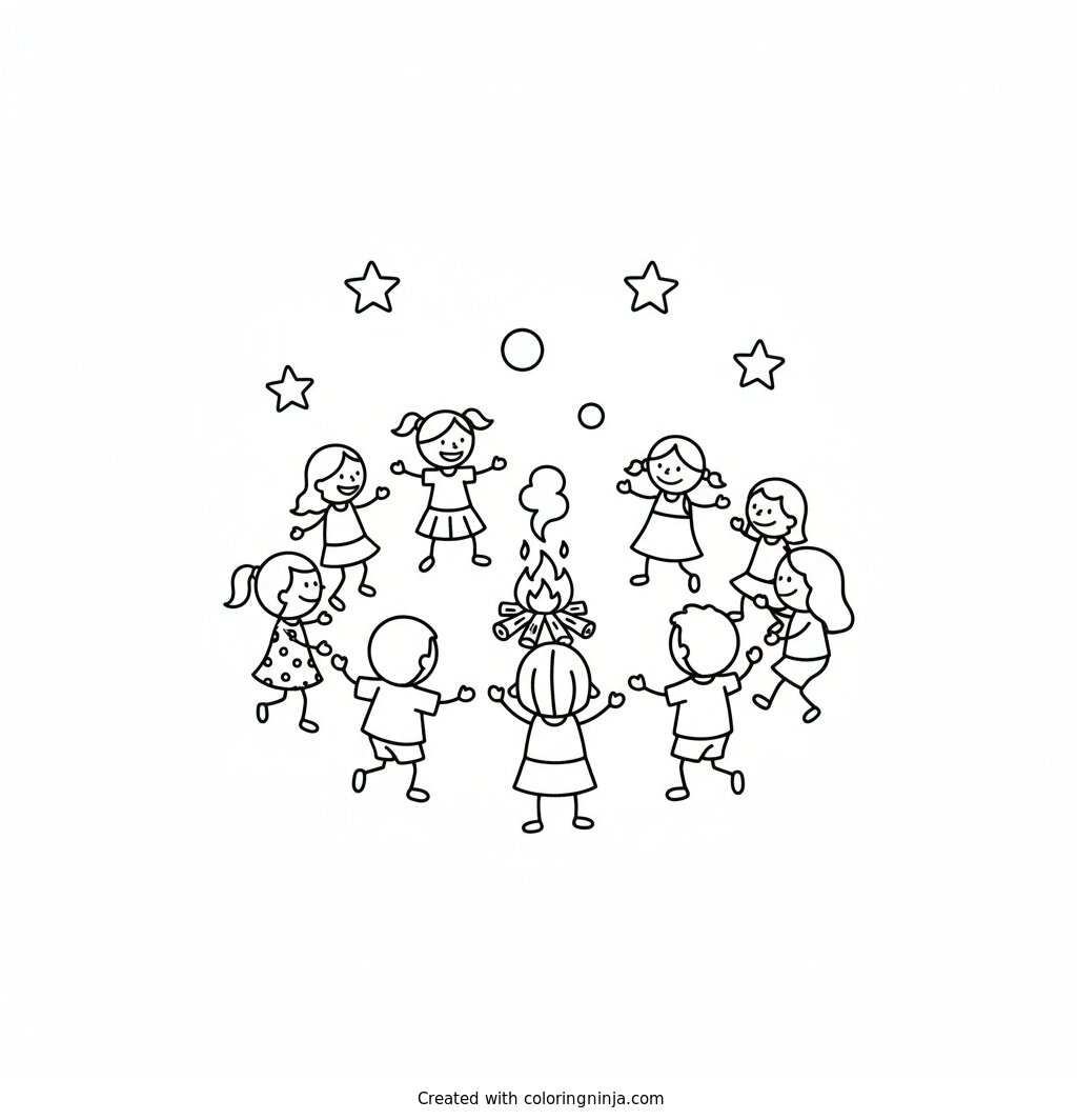 A coloring page of  Children dancing around a campfire under the starry sky.