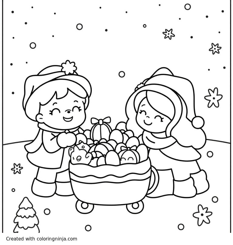 A coloring page of A Christmas morning