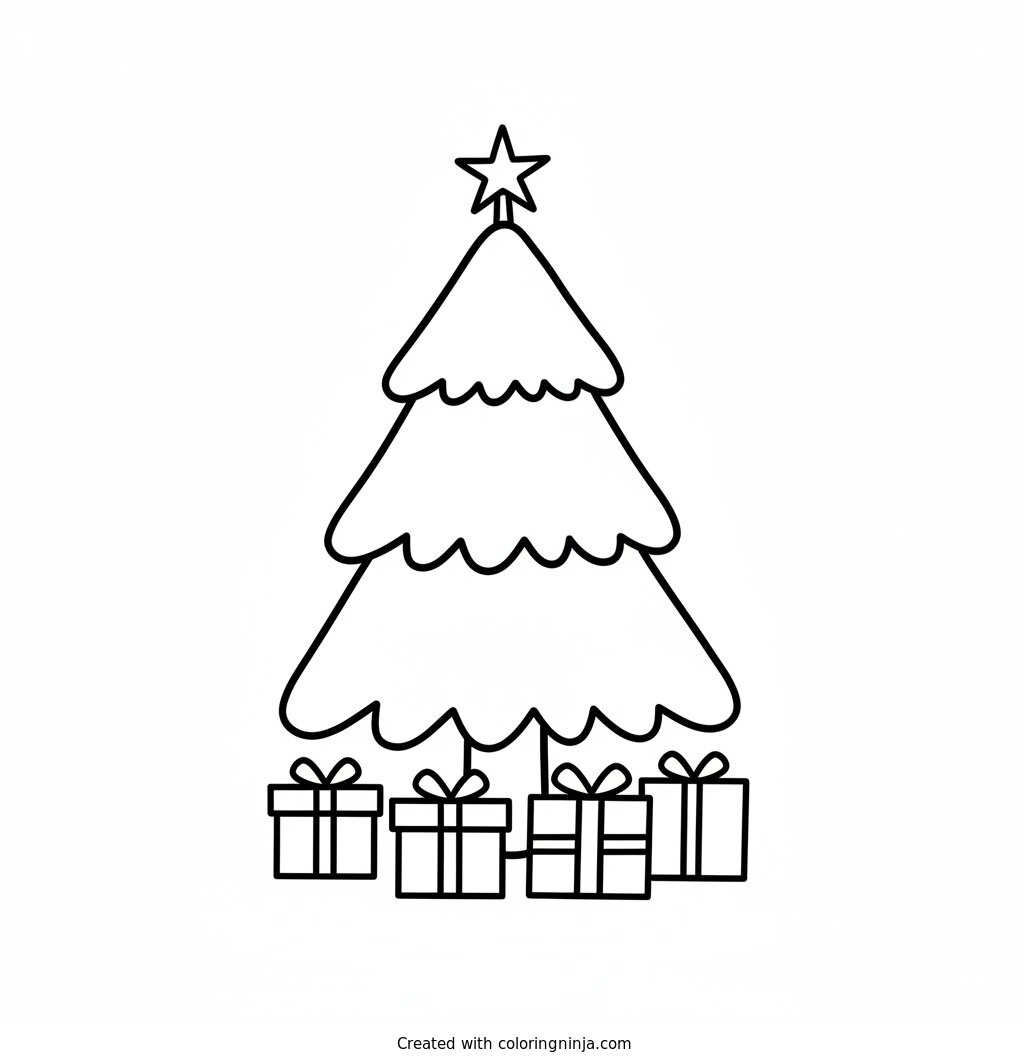 A coloring page of christmas tree with presents below
