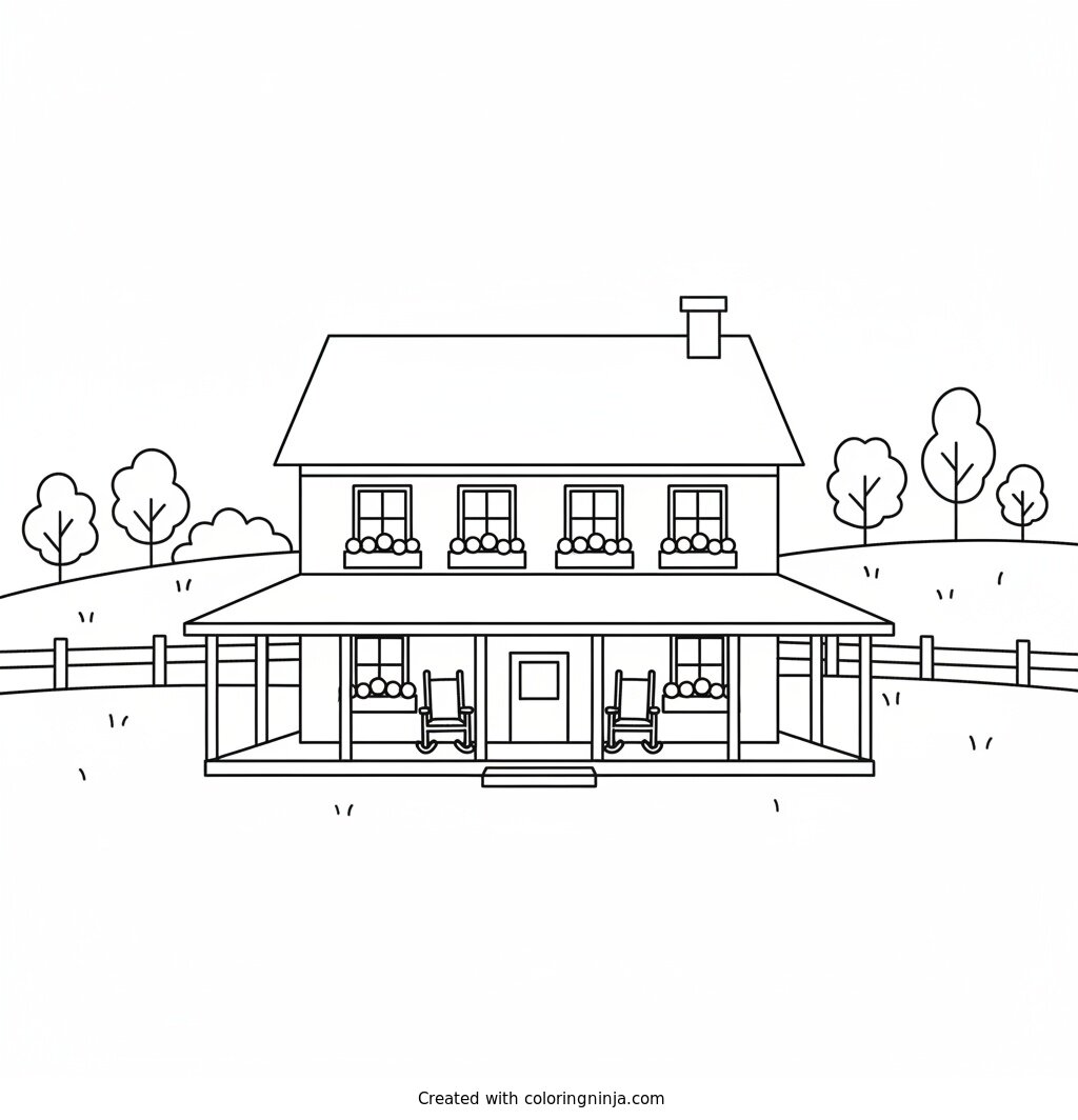 A coloring page of A classic farmhouse with a wraparound porch, rocking chairs, and flower boxes under the windows, quiet country setting