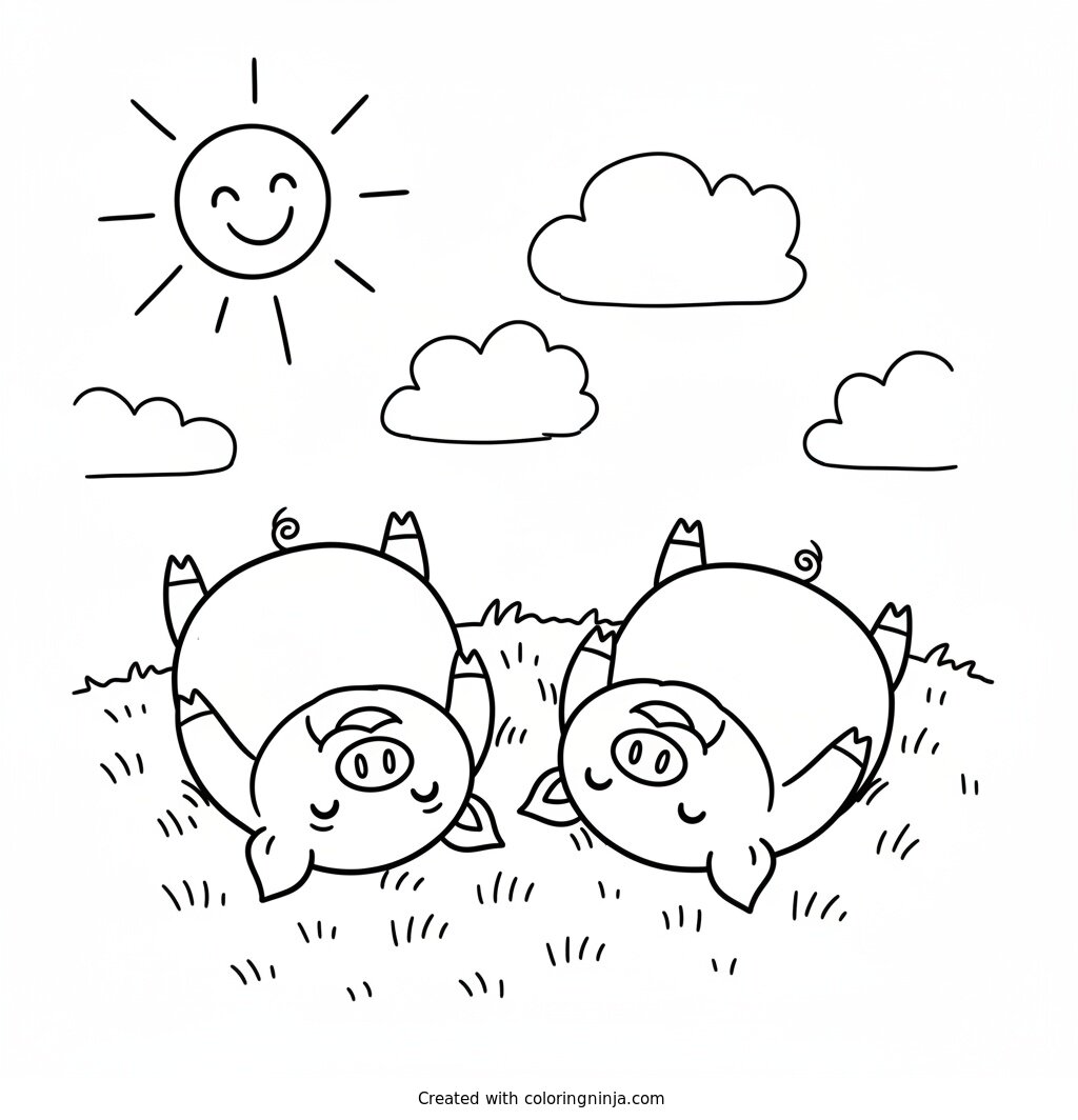 A coloring page of a couple of happy pigs rolling on the grass on a sunny day