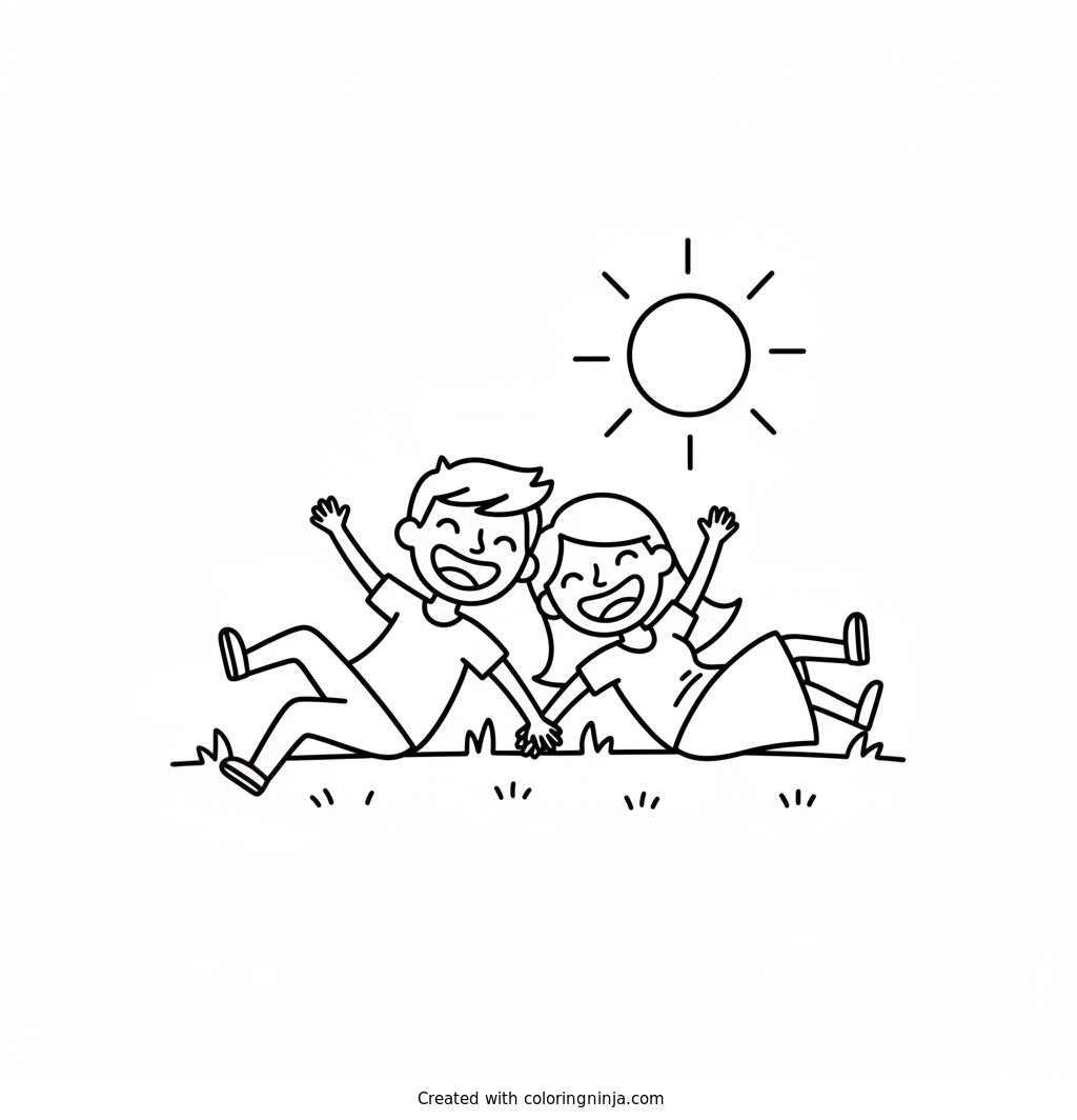 A coloring page of a couple of happy rolling on the grass on a sunny day