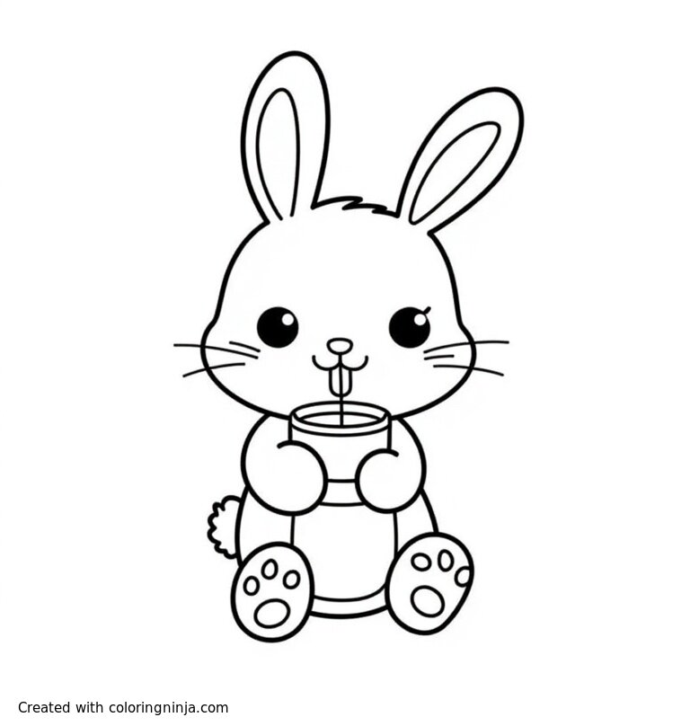 A coloring page of Create an image of kawaii cute bunny charcater drinking coffee coloring page