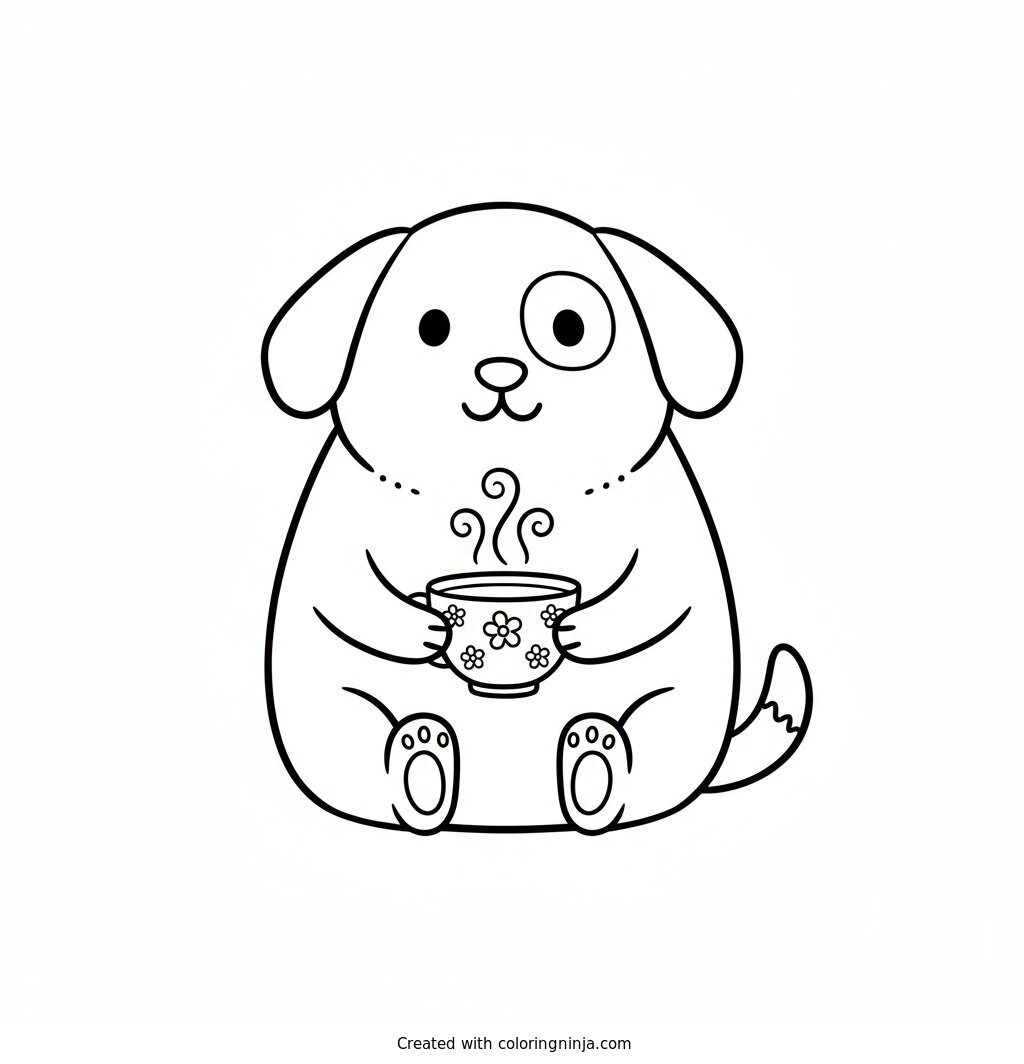 A coloring page of CUTE DOG WITH CUP OF TEA
