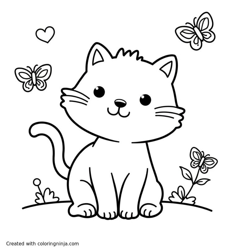 A coloring page of Cute simple cat with butterflies