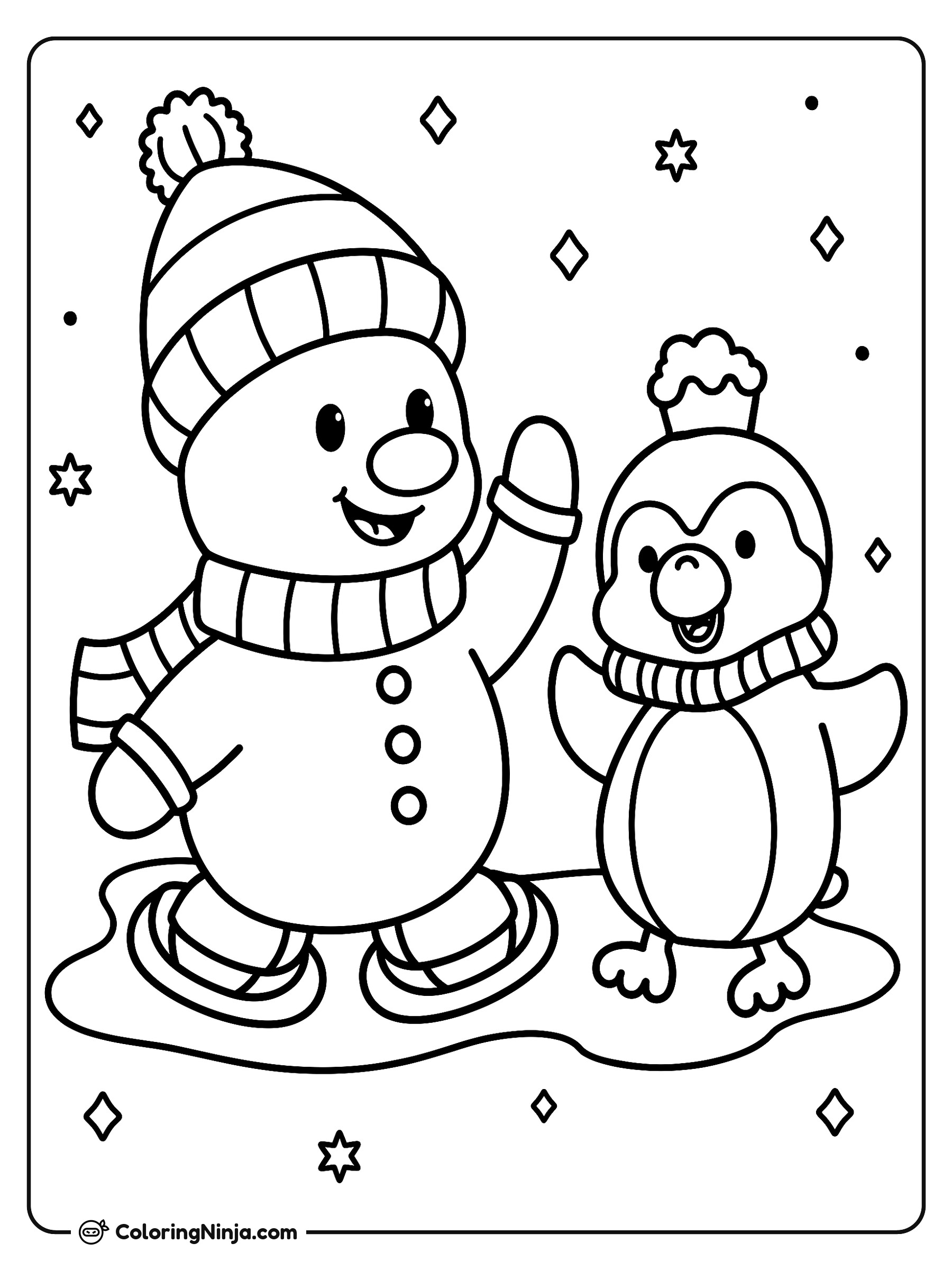 Cute Snowman and Penguin Ice Skating Coloring Page
