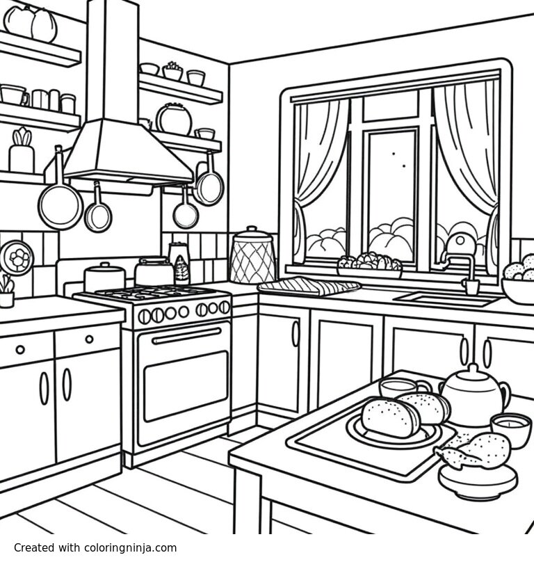 A coloring page of  A detailed black-and-white cozy kitchen scene with wooden shelves, a vintage stove, hanging pots, and a window with curtains overlooking a garden. Fresh bread and tea are on the table.