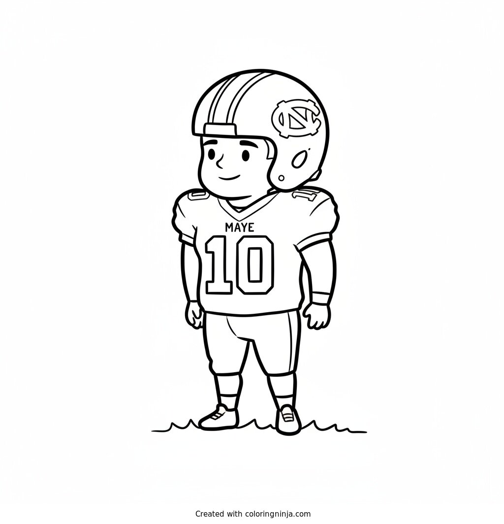 Coloring page of detailed picture of drake maye standing looking sideways wearing red jersey