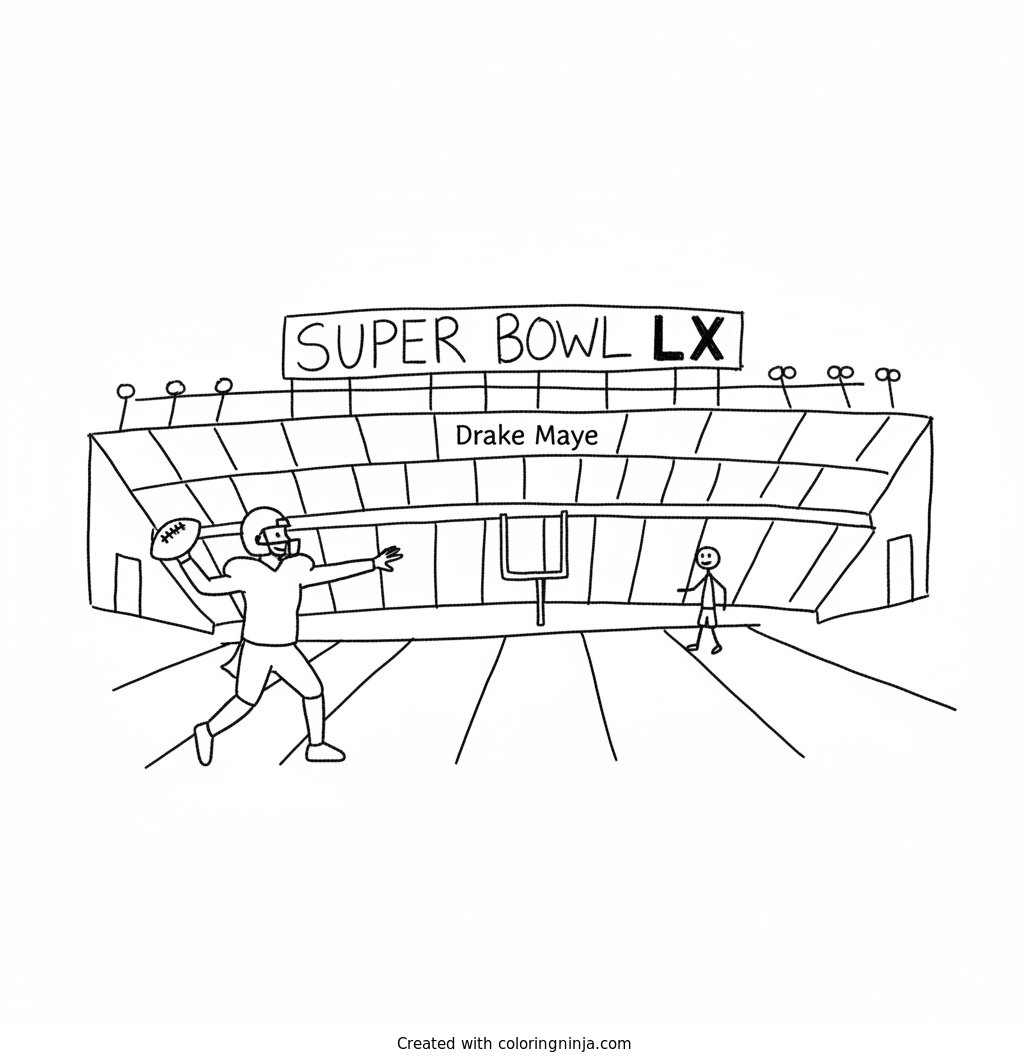 A coloring page of Drake Maye Throwing a pass at Gillette stadium To win Super Bowl LX