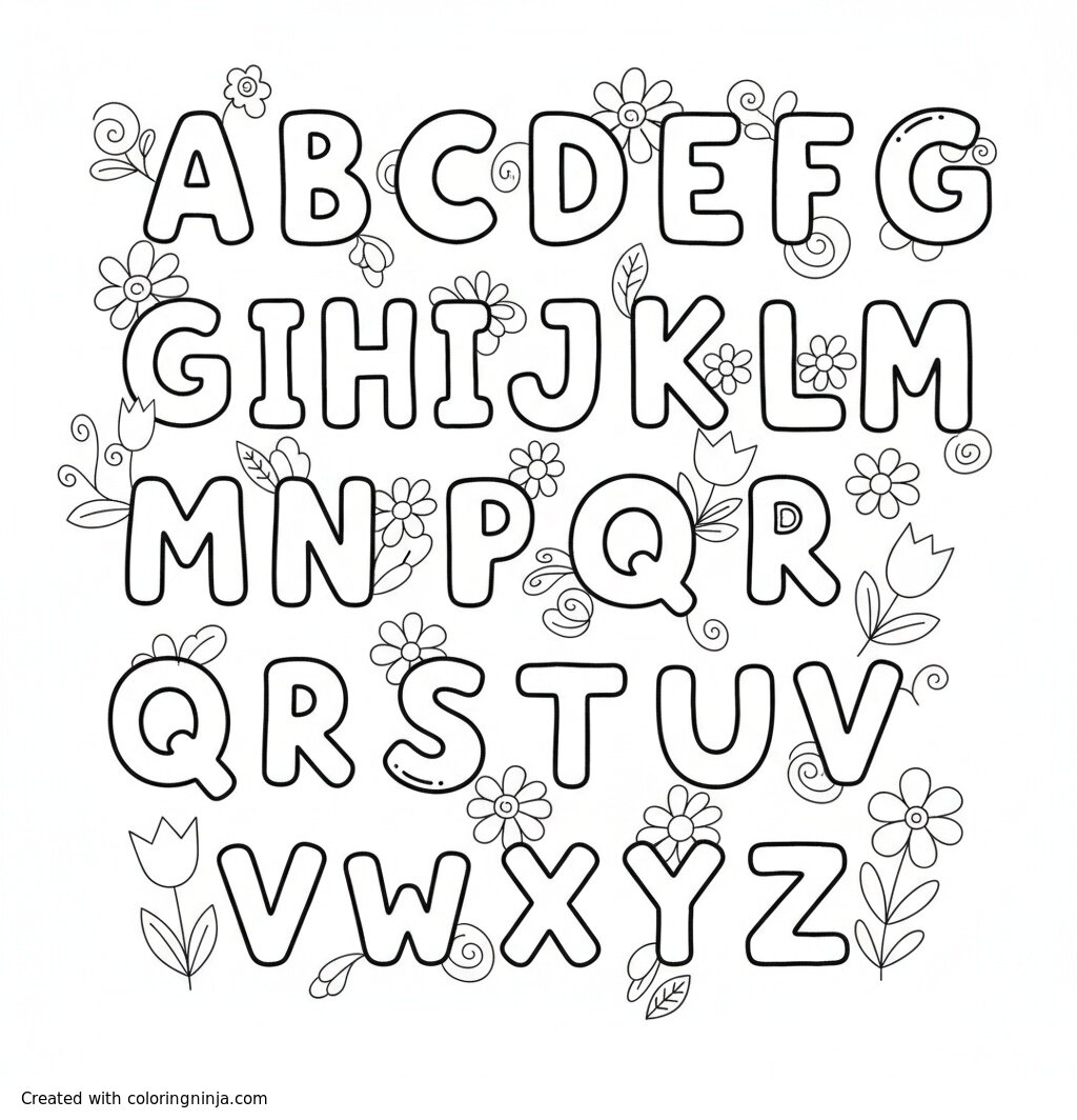 A coloring page of entire alphabet with some flowers around