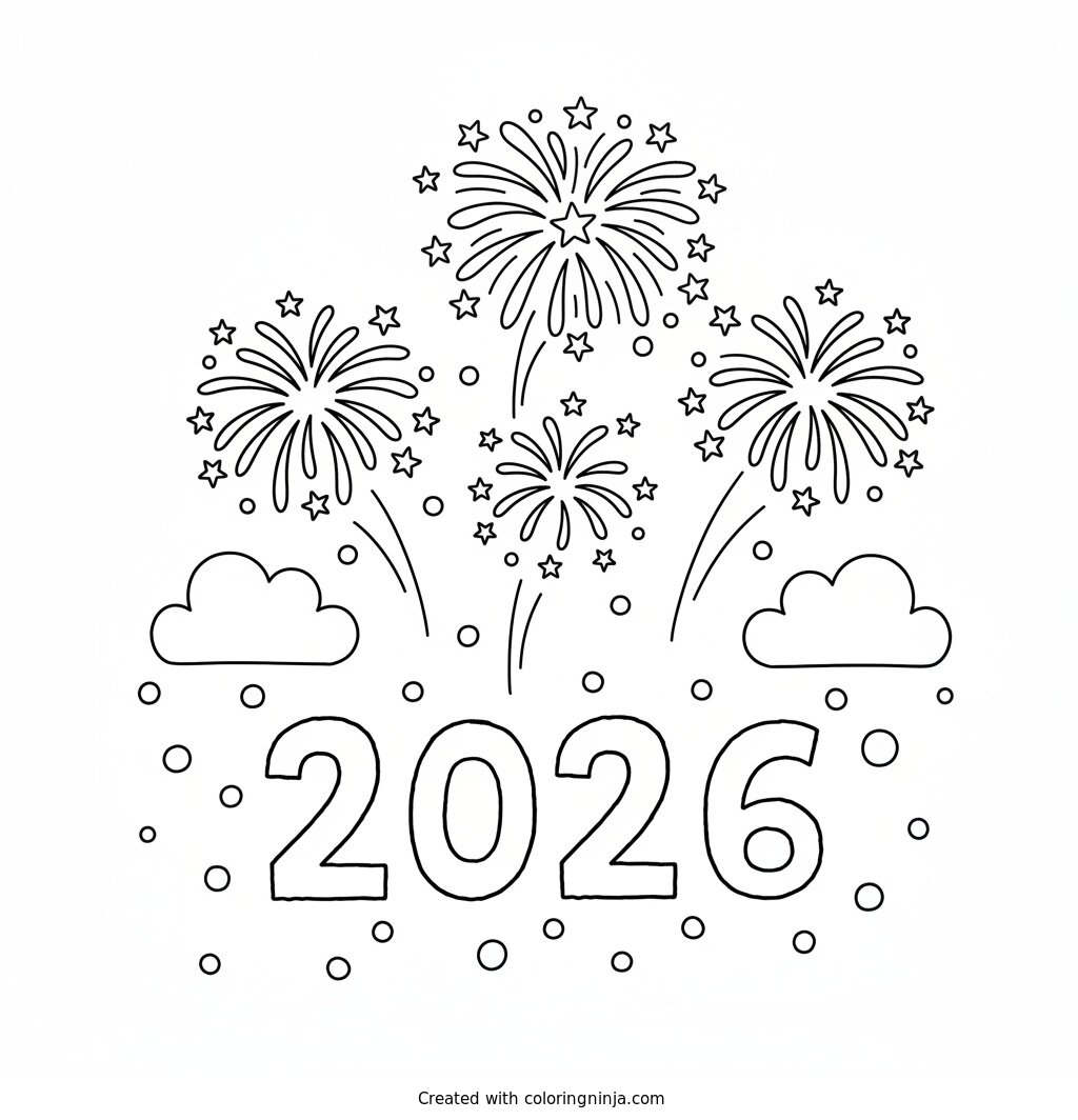 A coloring page of fireworks and 2026