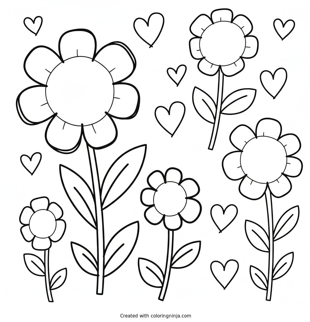 A coloring page of flowers and hearts