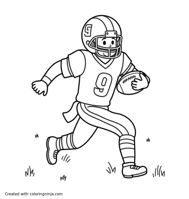 A coloring page of a football player running with the ball