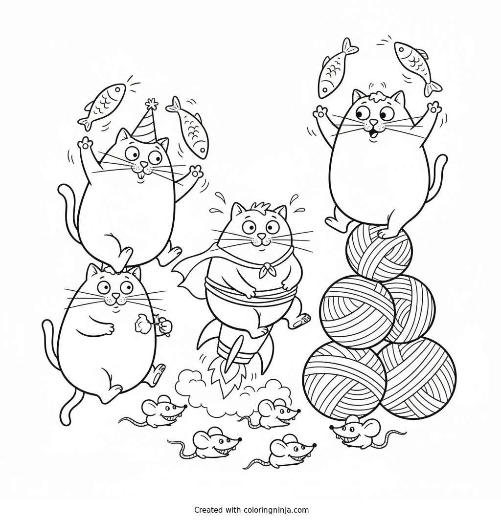 A coloring page of funny cats