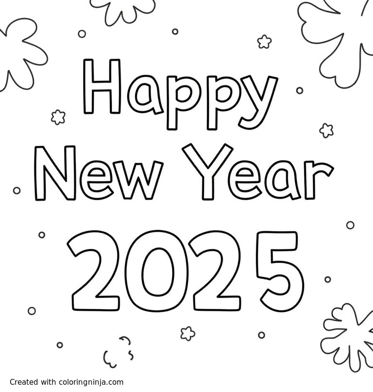 A coloring page of Happy new year 2025