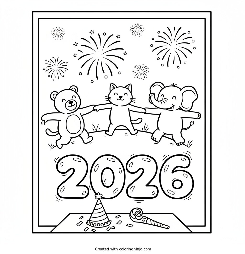 A coloring page of Happy New Year 2026