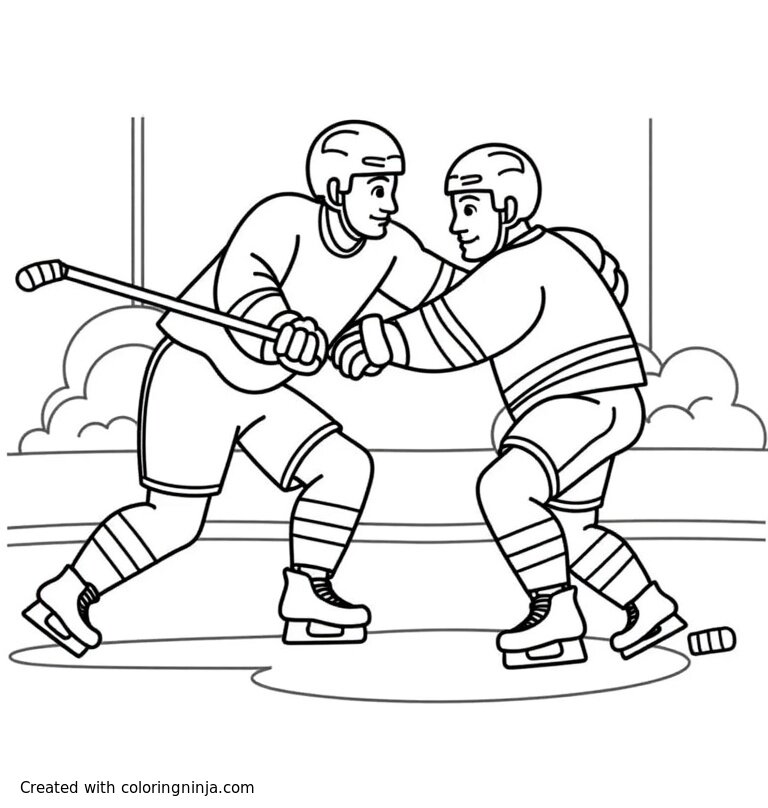 A coloring page of hockey fight