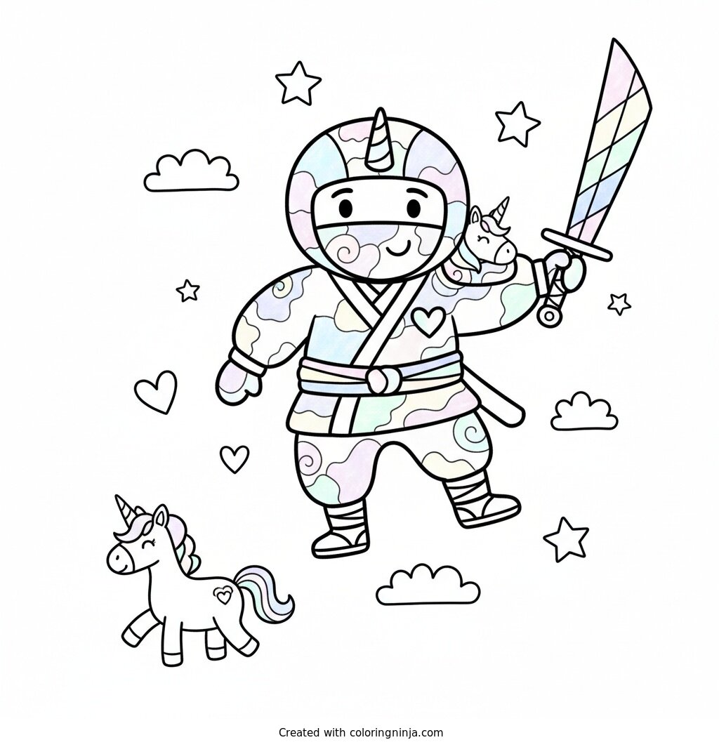 A coloring page of Homosexual ninja with unicorn