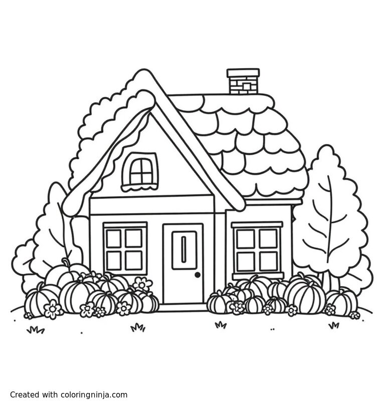 A coloring page of house with a garden