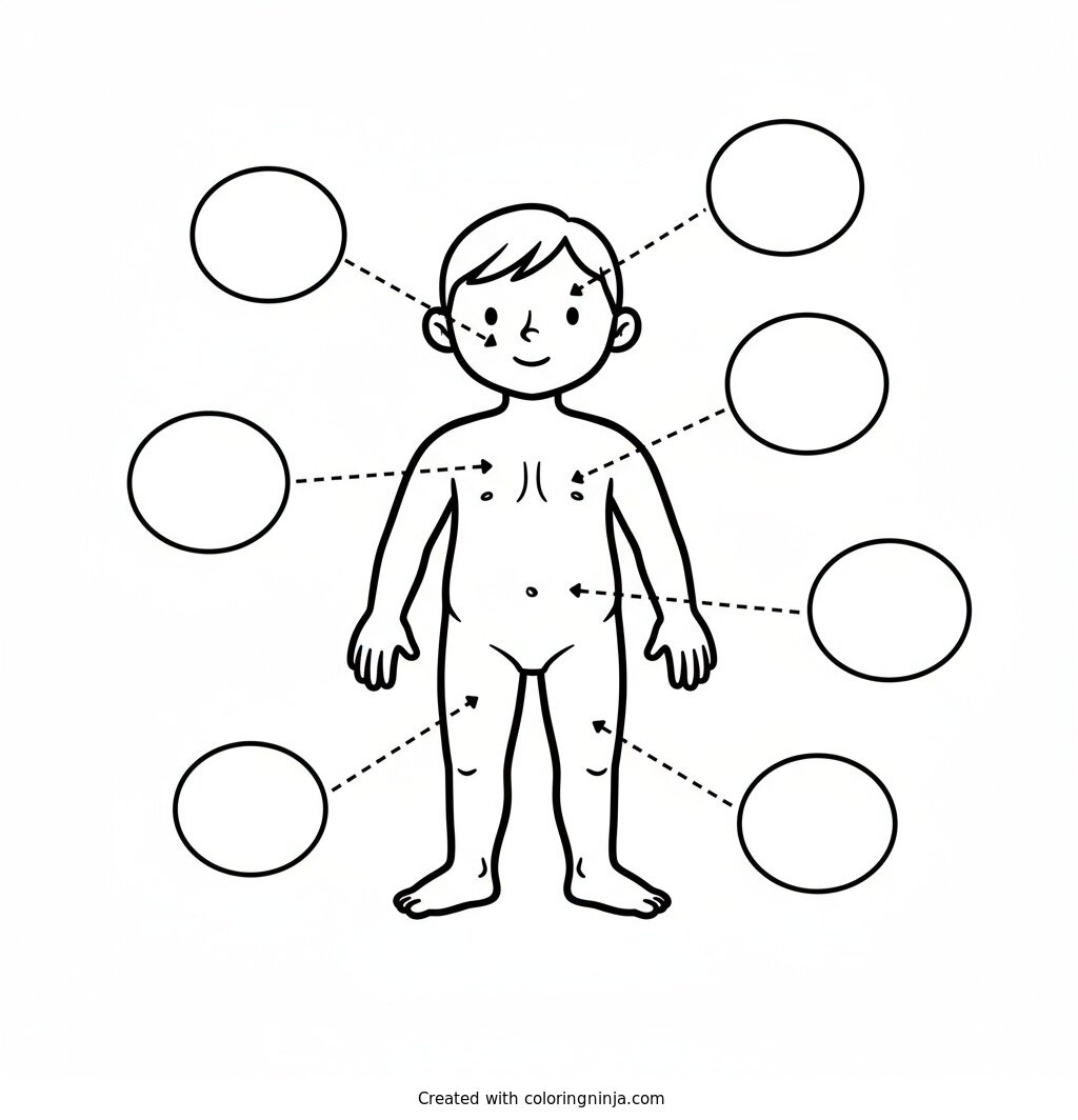 A coloring page of human body diagram with lables
