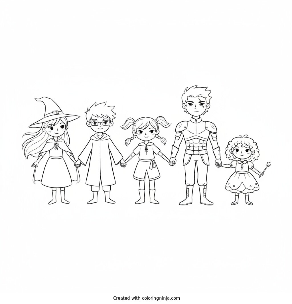 Coloring page of I want the characters for witchlings the book I want them all to look like mow they look in the sea witch prophecy, but I want them holding hands together don't mess up please and please make it realistic like the book
