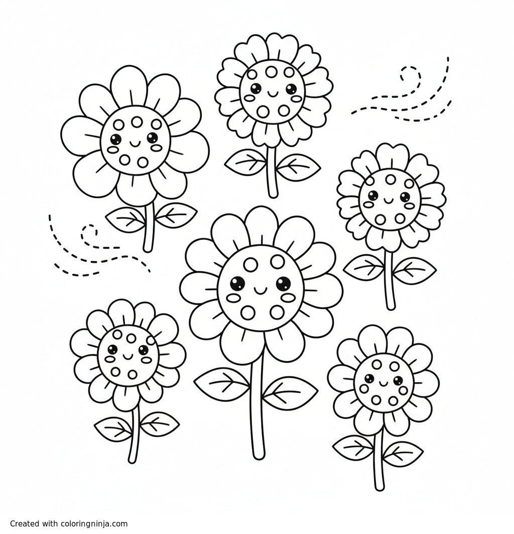 A coloring page of kawaii sunflowers