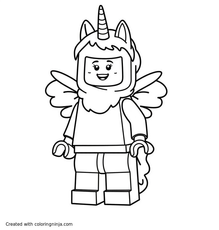 A coloring page of A Lego figure dressed in a Lego alicorn costume.