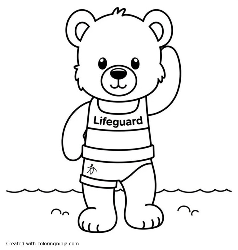 A coloring page of lifeguard with teddy bear in a swim suit
