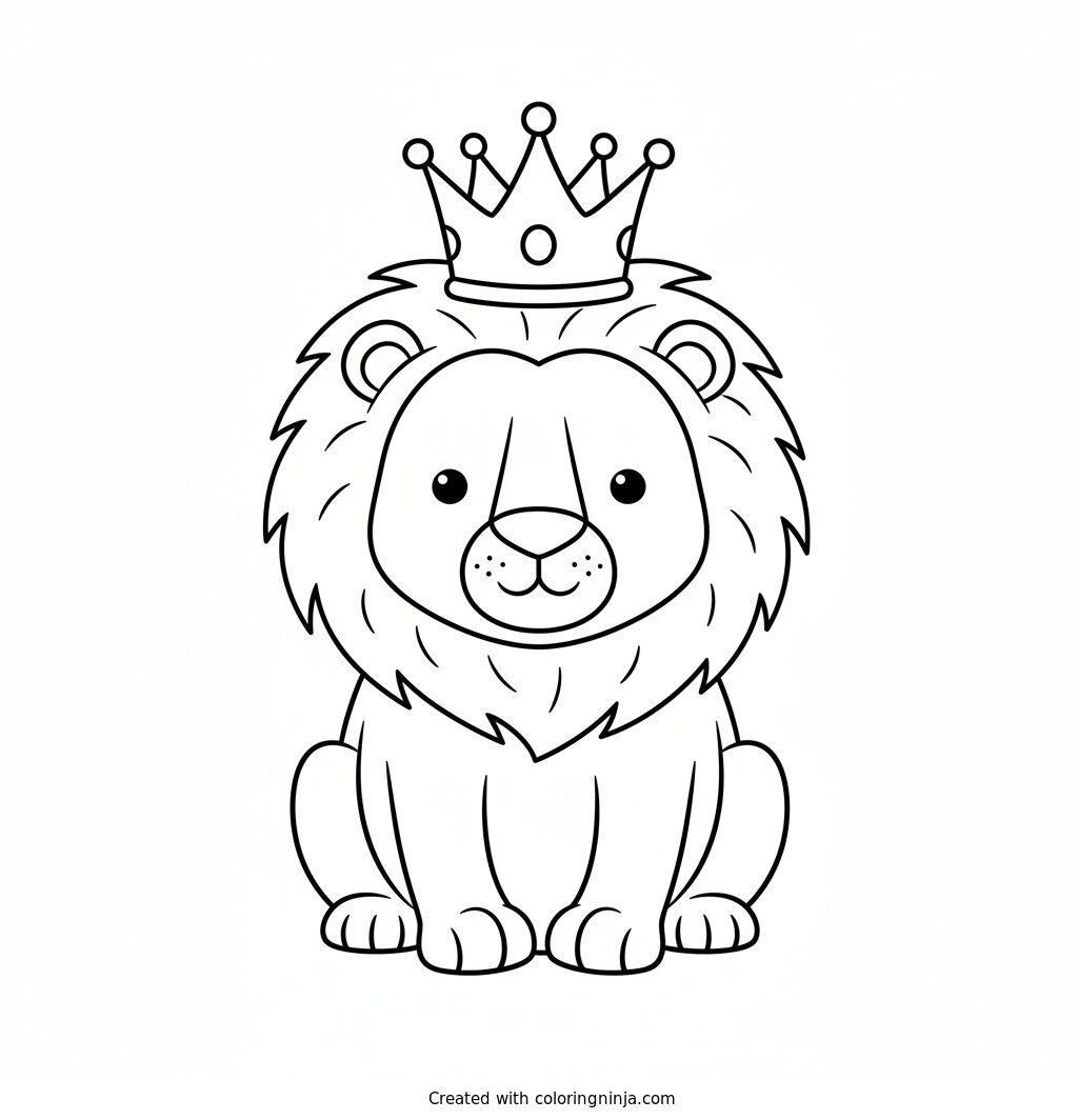 A coloring page of A lion seating with a crown on his head coloring page