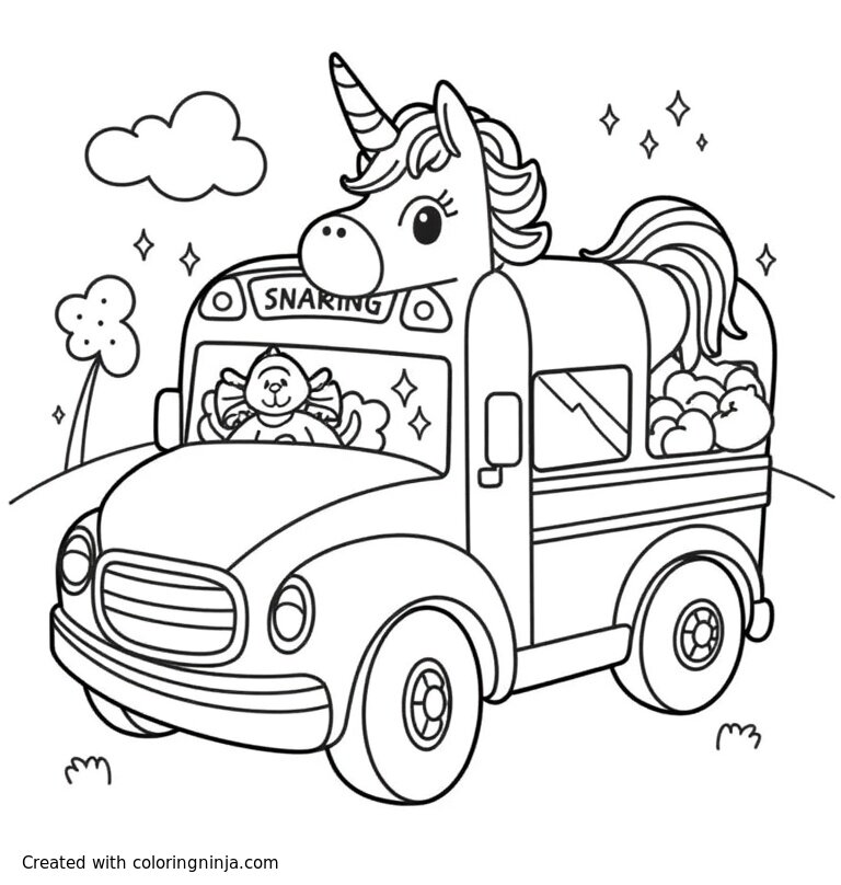 A coloring page of a magical unicorn driving a school bus