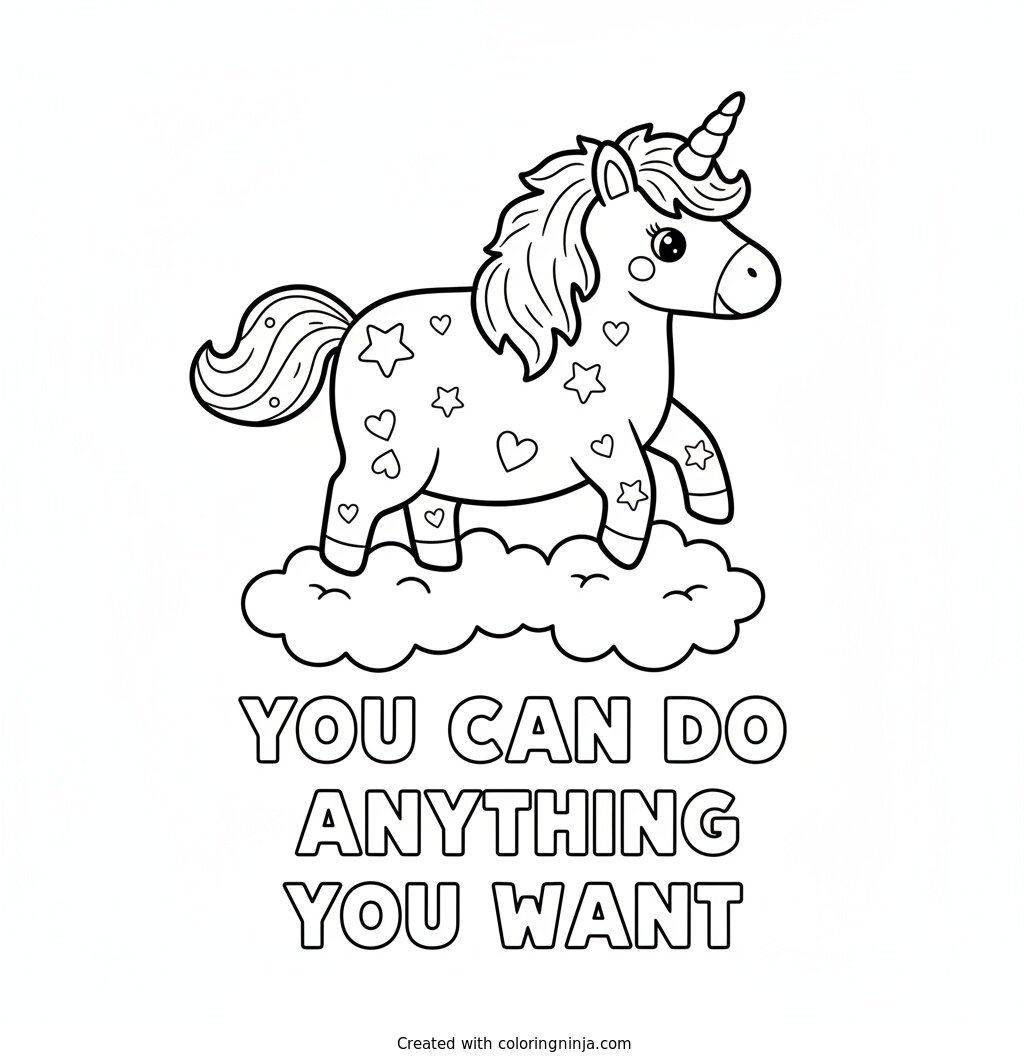 A coloring page of magical unicorn with the words you can do anything you want