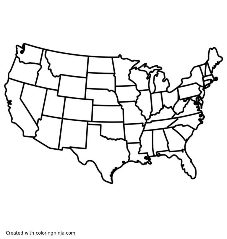 A coloring page of map of the US with all state divisions