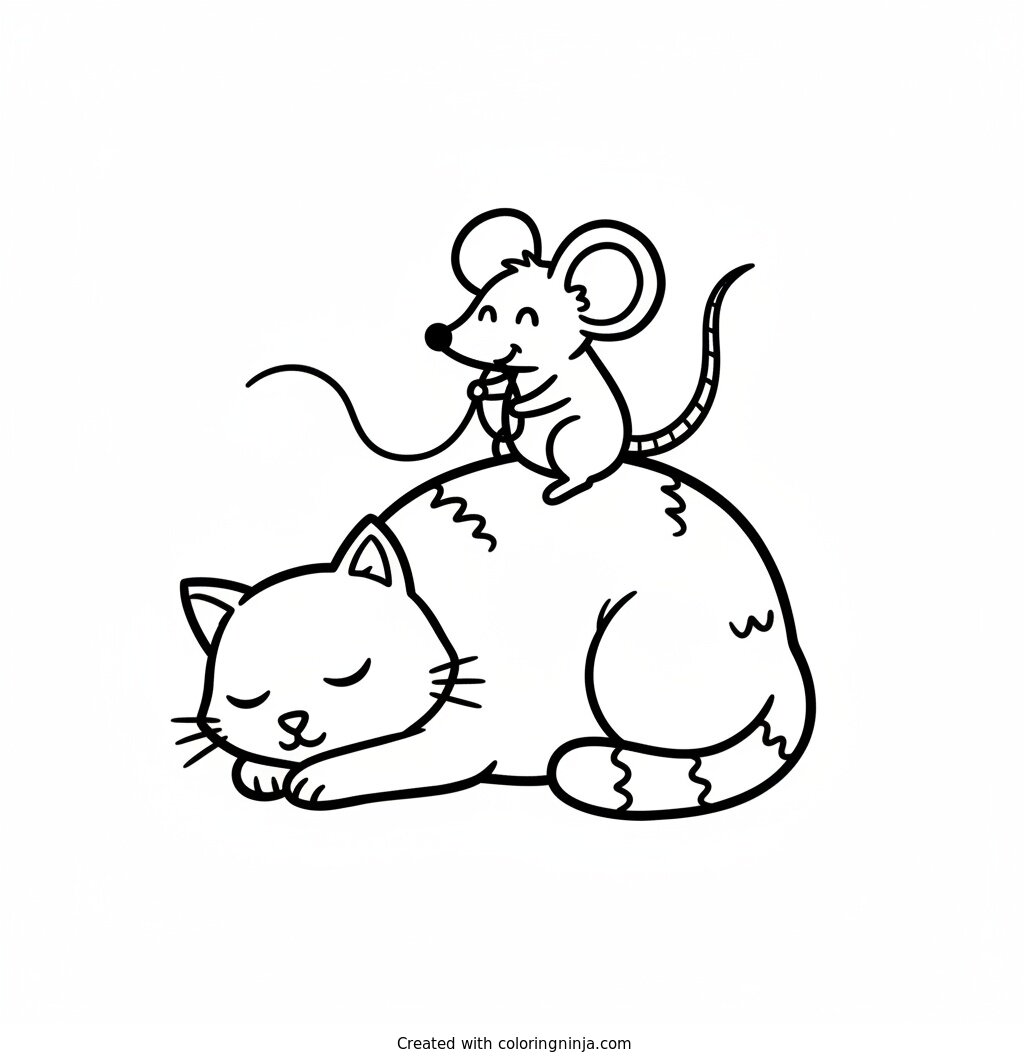 A coloring page of a mouse riding a cat