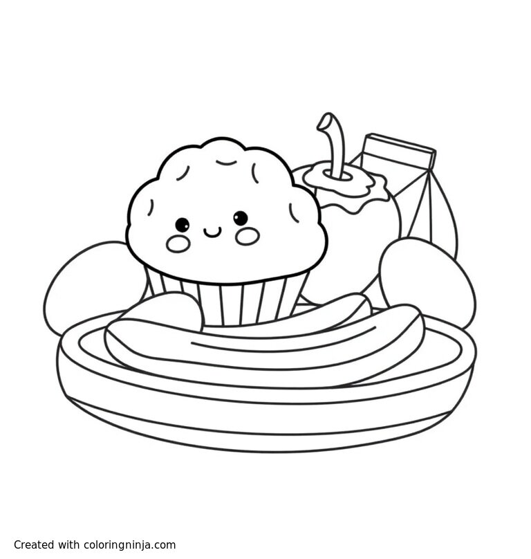 A coloring page of muffin, apple, eggs, milk carton, banana, burrito