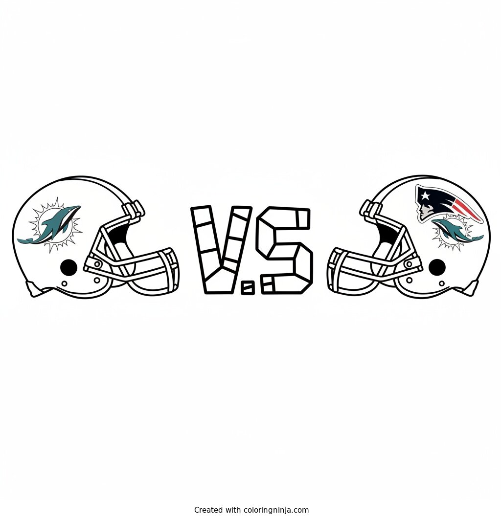 A coloring page of Patriots helmet facing a dolphins helmet with a blocky v.s symbol in beetween